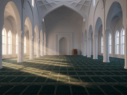 Empty mosque interior with green prayer carpet and morning sunlight