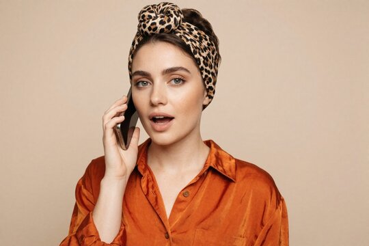 Shocked young brunette woman talks on smartphone with tense expression. Pretty female model wearing leopard print headband, orange silk shirt looks amazed at camera. Stressed lady unexpected news