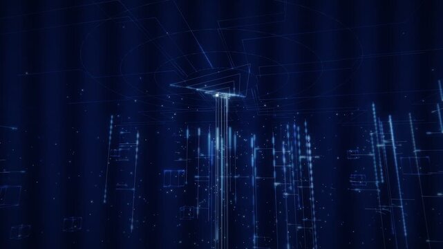 Abstract 3d digital data stream background with glowing blue lines and particles in a futuristic technological space