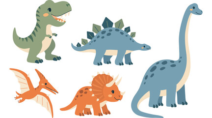 Set of five dinosaurs with Tyrannosaurus, Stegosaurus, Triceratops, Sauropod and Pterosaur. Cartoon vector flat illustration © JanelipArt