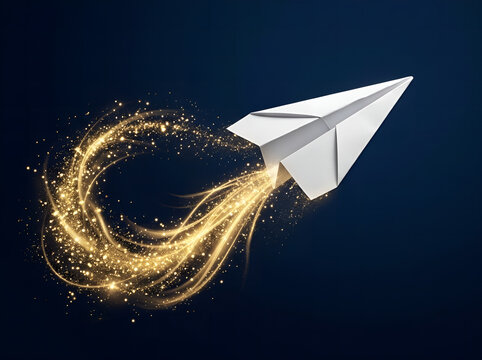 Avi&oacute;n de papel origami blanco volando con una estela de part&iacute;culas de luz dorada sobre fondo azul marino, concepto de transporte r&aacute;pido, log&iacute;stica y conectividad