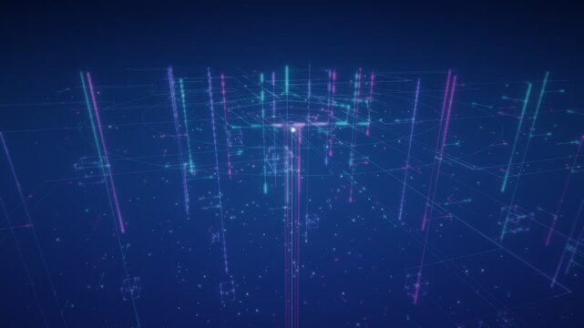 Abstract 3d digital grid with glowing neon lines and floating particles in a dark blue space