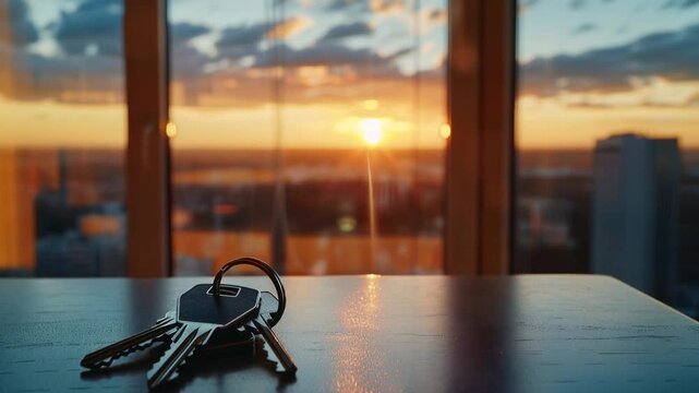 A set of house keys rests on a wooden table, overlooking a vibrant city skyline at sunset. The golden hour light illuminates the room, symbolizing new beginnings and urban living.