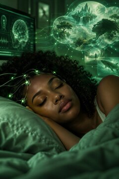 African American woman experiencing neural decoding of dreams while sleeping on bed, illustrating advanced neuroscience and brain technology.