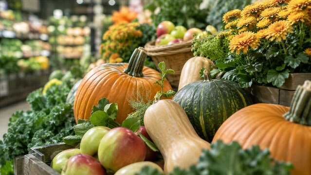 Vibrant autumn harvest display featuring pumpkins, squash, fresh fruit, and chrysanthemums in a grocery store for Thanksgiving celebrations.