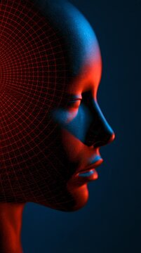 Profile of a 3D head wrapped in a glowing wireframe mesh grid with red and blue neon light, digital background for technology and artificial intelligence design