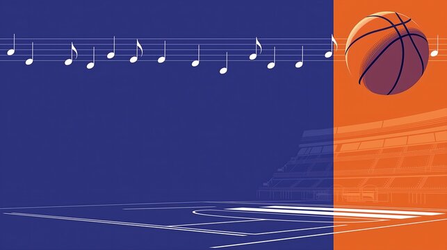 Basketball on a blue orange split background with music staff notes, arena seating and court lines, sports music concept for tournament posters and banners