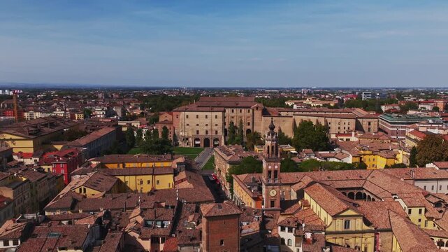 Aerial drone view of Palazzo della Pilotta in Parma, Italy, showcasing the monumental historic complex, grand courtyards, Italian architecture, and surrounding old town cityscape.