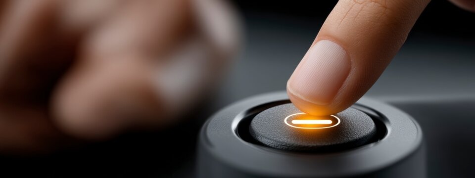 Close-up of a person pushing a glowing button on a device