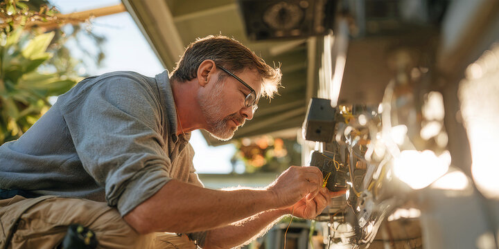 Man Repairing Outdoor Utility Equipment at Sunset, ai generated.