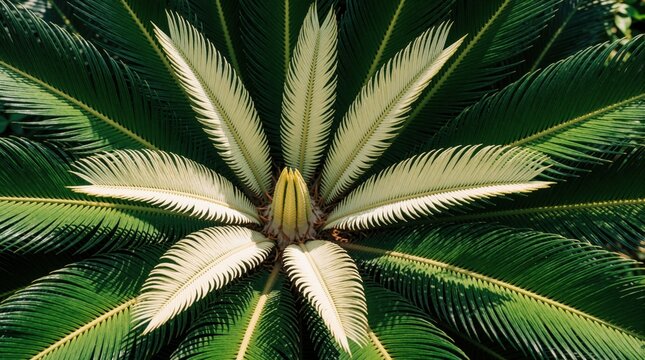 Close up of green cycas revoluta plant. Sago palm leaves show symmetric pattern with bright sunlight. Tropical foliage texture provides organic background for garden design. Botanical fronds create