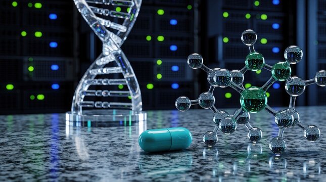 AI drug discovery concept features molecular model, capsule on desk. DNA helix sculpture stands near server rack lights in high tech lab. Digital pharmaceutical research uses machine learning for