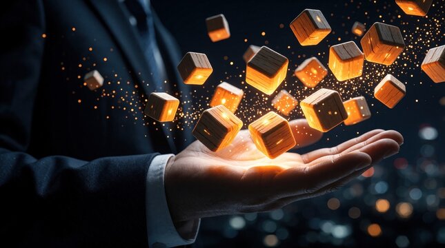 Businessman holds glowing wooden cubes in hand. Floating magic boxes with orange light particles fly above palm. Abstract concept of digital innovation, future technology, creative business strategy.