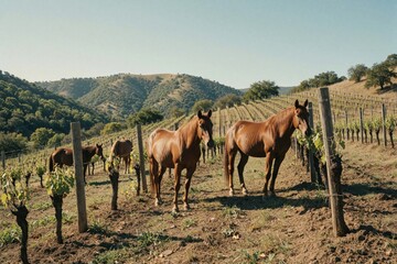 Fototapeta premium Group of brown horses stand in vineyard on sunny day. Equine animals graze near grape vines in rural hilly landscape. Beautiful mare, colts relax in country farm field under blue sky. Peaceful ranch