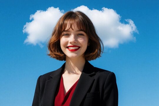 Happy young brunette woman smiles at camera under blue sky. Beautiful teenage girl with short hair wears black blazer, red top. Joyful female person enjoys sunny day outdoors with white cloud
