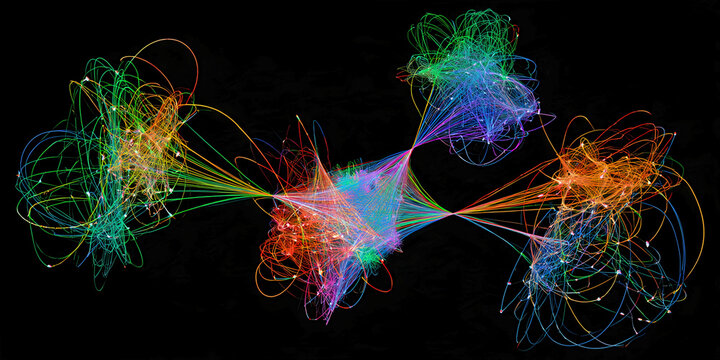 Abstract Particle Network Visualization with Colorful Chaotic Motion Paths, ai generated.
