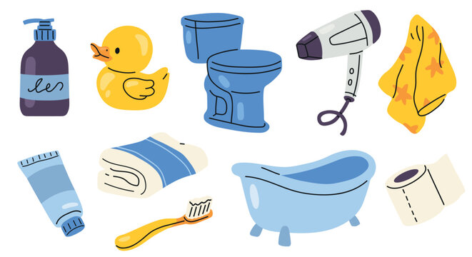 Cute bathroom essentials set featuring a rubber duck, soap dispenser, toilet, hair dryer, towel, bathtub, toothbrush and toothpaste. Flat  doodle vector illustration for personal hygiene, kids 