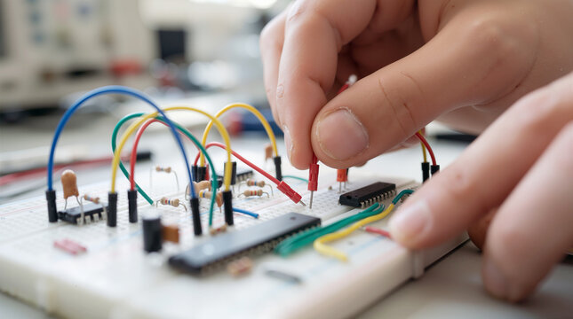 Engineer assembling electronic prototype circuit on solderless breadboard with jumper wires and microchip