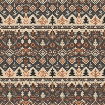 Nordic Christmas Pattern: A seamless textile pattern featuring traditional Nordic-inspired Christmas motifs, including snowflakes, Christmas trees, and geometric designs in a cozy color palette.