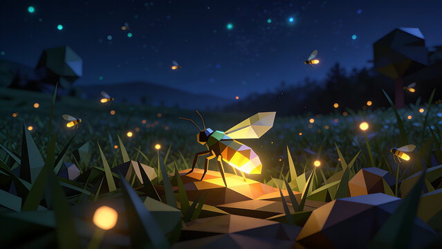 Glowing origami fireflies in grass at night