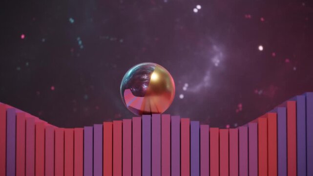 Chrome sphere bouncing on audio reactive bar graph waves against a cosmic nebula background, pink and purple
