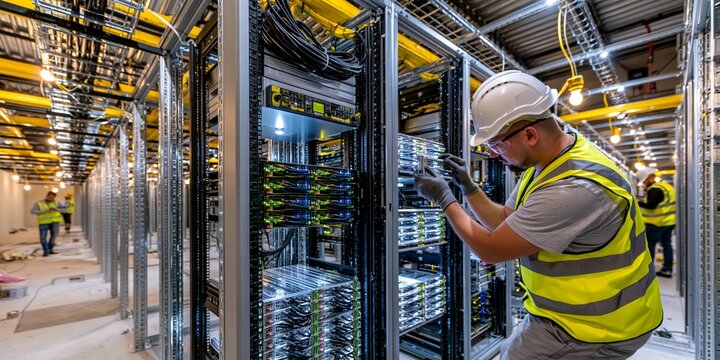 Technician in safety gear installing server hardware in a data center with rows of racks, glowing.