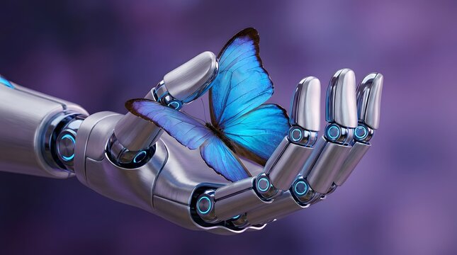 Futuristic robotic metal hand holding glowing blue butterfly closeup