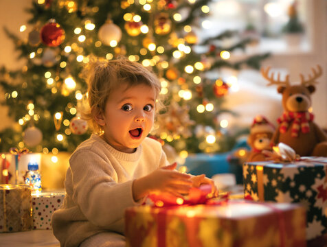 Hyperrealistic scene of a child opening a Christmas gift under a decorated tree. Warm indoor lighting and festive decorations create a joyful and cozy holiday atmosphere.