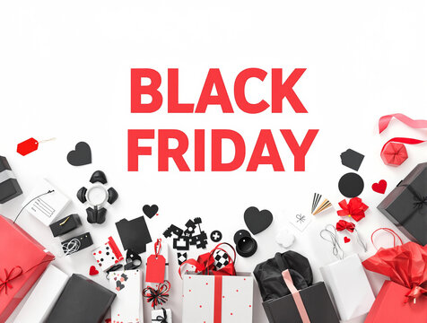 Modern flatlay with shopping bags, gift boxes, price tags, and bold Black Friday text. Black, white, and red create a clean, trendy advertising look.