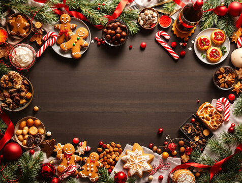 top-down flat lay of festive Christmas decorations, including candy canes, ornaments, pine branches, cookies, gift boxes, and ribbons.