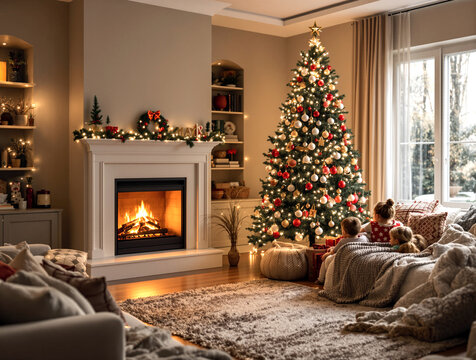 cozy living room at Christmas with a glowing fireplace, decorated tree with twinkling lights, and family enjoying blankets and cushions.