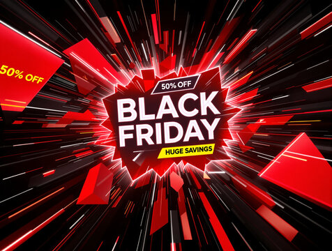 Dramatic Black Friday background in red and black with explosive shapes and glowing sale text. High energy and motion create a strong commercial look for promotions.