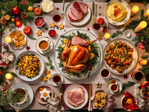 Hyperrealistic top-down view of a festive Christmas table set with traditional holiday dishes, candles, and elegant decorations. Cozy warm lighting creates a joyful and inviting holiday atmosphere.