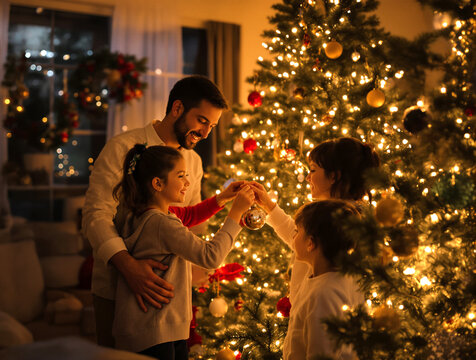 Hyperrealistic scene of a family decorating a Christmas tree in a cozy living room. Warm indoor lighting and festive decorations create a joyful holiday atmosphere.