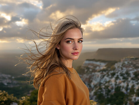 Hyperrealistic portrait of a confident young woman standing on a cliff at sunrise; with wind-blown hair and cinematic golden hour lighting.