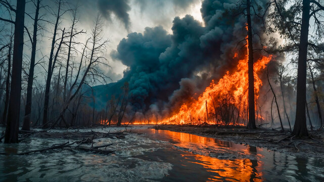 Dramatic image of a massive forest fire with intense flames and heavy smoke.