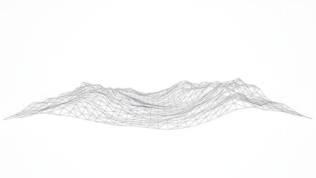 Minimalist white wireframe mesh landscape with a low poly mountain terrain structure isolated on a clean white background, for digital