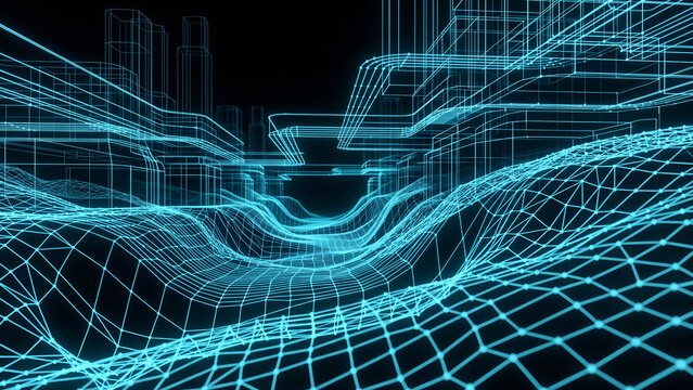 Futuristic digital landscape with glowing cyan blue wireframe grid lines representing a virtual city or terrain structure on a dark background