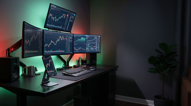 Professional Day Trading Desk Setup with Multi Monitor Stock Market and Cryptocurrency Charts