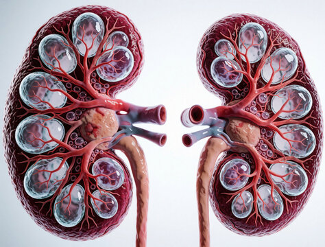3D scientific render of human kidneys with polycystic kidney disease. Large fluid filled cysts grow inside renal organs. Medical illustration shows pathology of kidney disorder, nephrology issues.