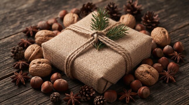 Wrapped gift box with twine rope and pine branch on dark wooden table with nuts