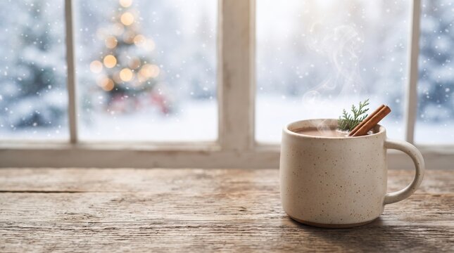 Hot winter drink in ceramic mug on rustic wooden table with snowy window view