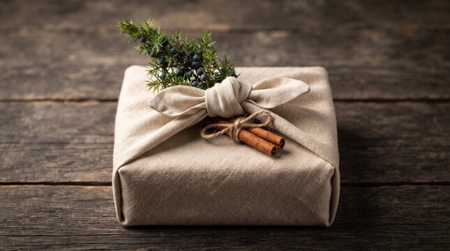 Wrapped gift box in linen fabric with juniper twig and cinnamon sticks
