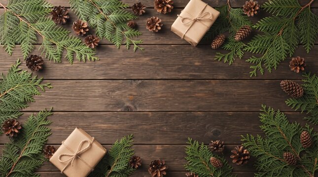 Christmas composition with gift box, cedar branches and pine cones