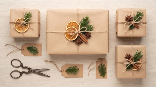 Christmas gift boxes wrapped in craft paper with dried orange slices and pine branch