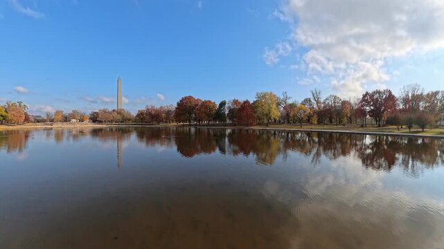 A leftward 4K video reveals willow branches beside reflections of Washington Monument.