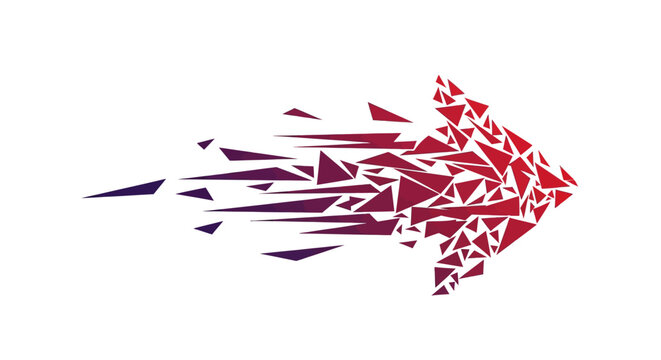 An abstract arrow shape is formed by numerous red and purple geometric triangles moving rapidly forward.