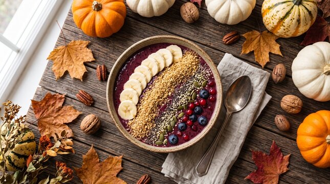 Healthy smoothie bowl topped with fruits and nuts on a rustic table  