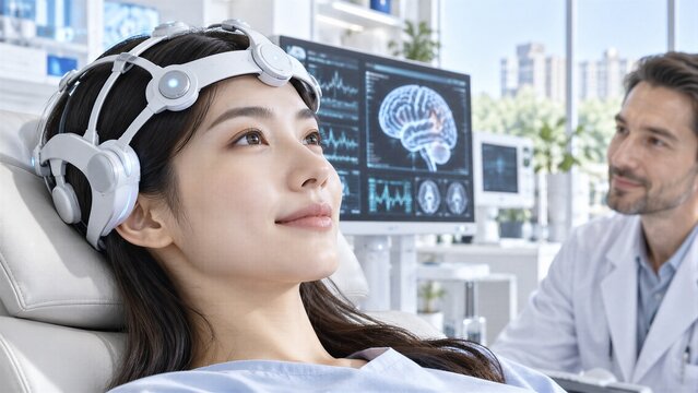 Patient Wearing Brain Computer Interface Headset for Neurology and Neuroscience Research in Medical Technology.