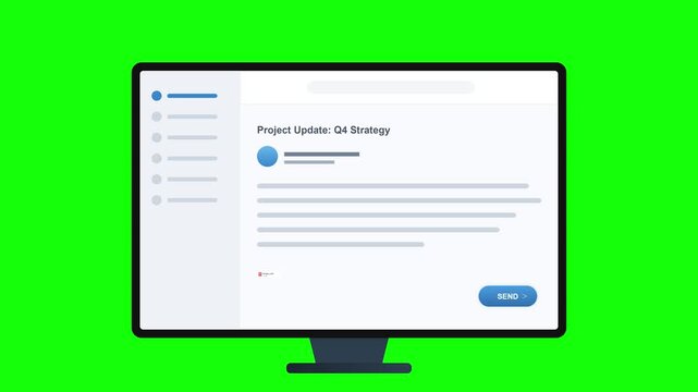 Animated Computer Monitor Displaying Project Update UI Mockup and PDF Attachment on Green Screen.